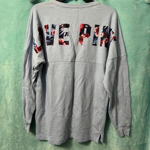 VS PINK Tropical Floral Lace Up Varsity Crew Sweater Long Sleeve Blue Large